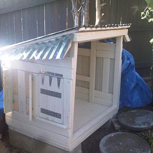 Sides and roof completed. You can see the pop door. The roof is fence slates the insulation on top of that and aluminum roofing on that. The litle side roop cover the ventilation opening on the sides.