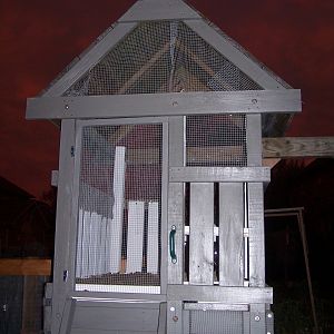 The back of the converted playhouse.  Note how open it is.  The entire coop top to bottom as well as the run are covered in hardware cloth to keep out my ancient basset hound who still effective hunter.  The door is people sized.