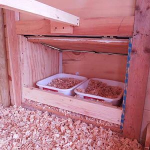Used 2 dish tubs for the nesting boxes, very easy to pull out and clean, and they have had no problems using them.