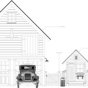 Master plan drawing. I designed the coop around some dumpster dive/garbage day finds. 3 windows a closet/cabinet door and a couple of porch brackets plus house shutters. The 31 model A pickup truck is is the garage ;)
