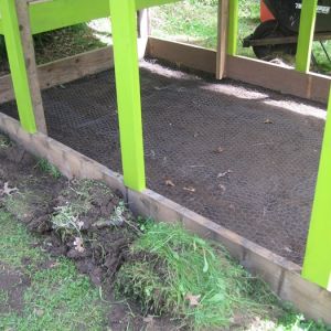 June 1, 2013 - Dug out the sod and lined the whole bottom with chicken wire, stapling it very well to the sides, to keep anything from being able to dig under the bottom. And got some green paint on. I swear it's not that neon! The color is called Lichen.