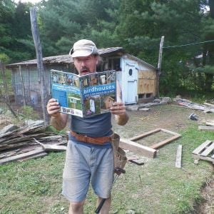 After days of work on my coop and run, our intrepid builder suddenly realize he may be going all about this the wrong way! Perhaps chickadees would be easier, or maybe wrens. We like wrens.