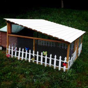 My cute little chicken trailer for 3 chickens.  Built it myself with a dog house, some lawnmower wheels, lumber, hardware fabric, vinyl siding, screening, a decorative picket fence, and some little decorations.  The run is 5'x5' and the dog house is about 2 and 1/2'x 3'.