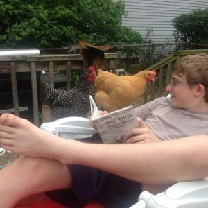 My 13 year old son reading to his "chicks" as he calls them.