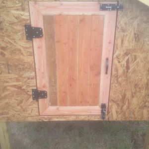 The main door to the coop, complete with two dead bolt locks (one vertical & one horizontal) in order to avoid "unwanted visitors."  It will be painted white later.