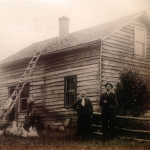 1916 Near Cook, MN. Anttie and Sophie Rankila. Earliest family picture with chickens. Funny how a couple chickens look like white blurs because they can't sit still for the long exposure time. Not at all like the stoic Finns who could hold a grimaced face for hours. House built by Juha Tekkoniemi 1892.