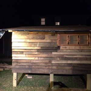 Night photo of finished East side of coop with nesting boxes
Nov 8 2014