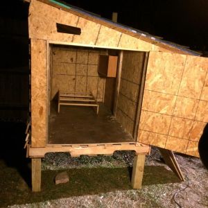 Door attached, ventilation cut on one side, inside plywood installed (to keep poop and dust from getting stuck between plywood slats and help keep the coop warmer - we aren't heating or insulating the coop!)