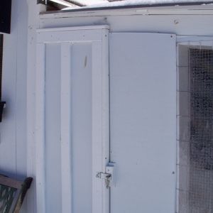 This small door is nice access from the front and gives me flexibility when I want to section a space off for broodys and young chicks.
The latch is secured with srew down chain type link. I also have a hook and eye at the top. The door itself is tight fighting and would take a little work for prying predators to open.
