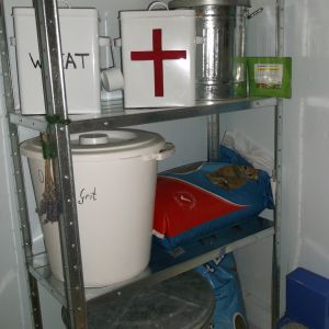 storage shelves in coop.