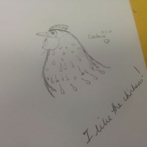 Drawing of Cookie in art class (and a note from my teacher)