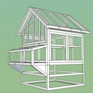 I wanted to design a coop that could be detachable from the run, large enough for six hens, with two laying boxes.  My final coop turned out to be similar to this original design.  This drawing helped me to design the frame so I could use 2x2 lumber.
