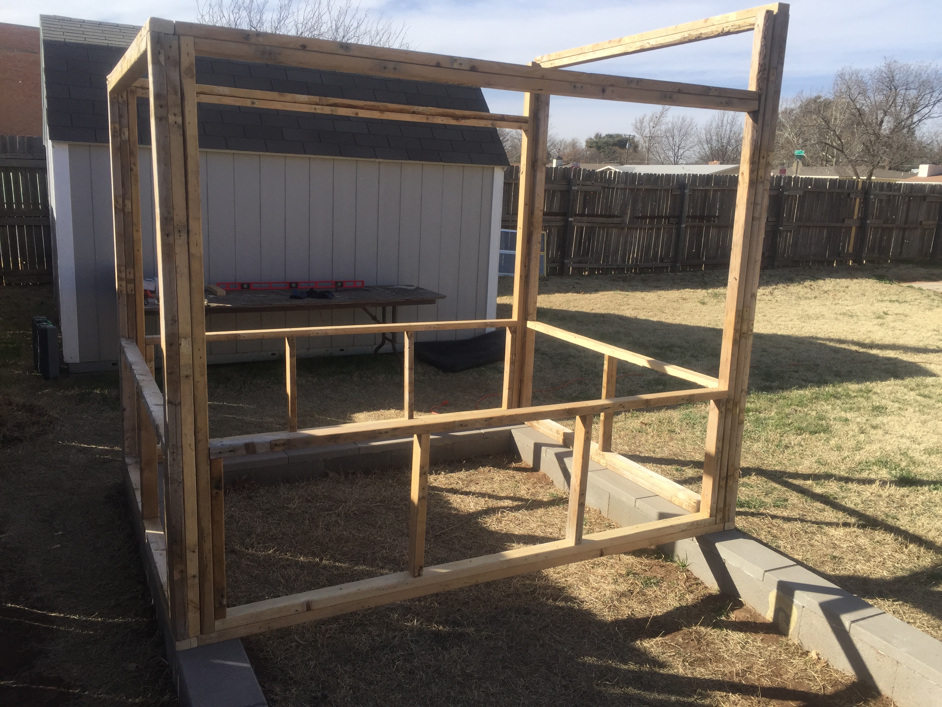 A bit more time today. Some more basic framing completed. Plywood arriving tomorrow. Also 3 windows on hand. Space under the coop will be sand for the girls to play. As I said before, the entire structure will be modular and can be disassembled/reassembled in one day!  This does however create some challenging design issues. Nothing this old bird can't handle.