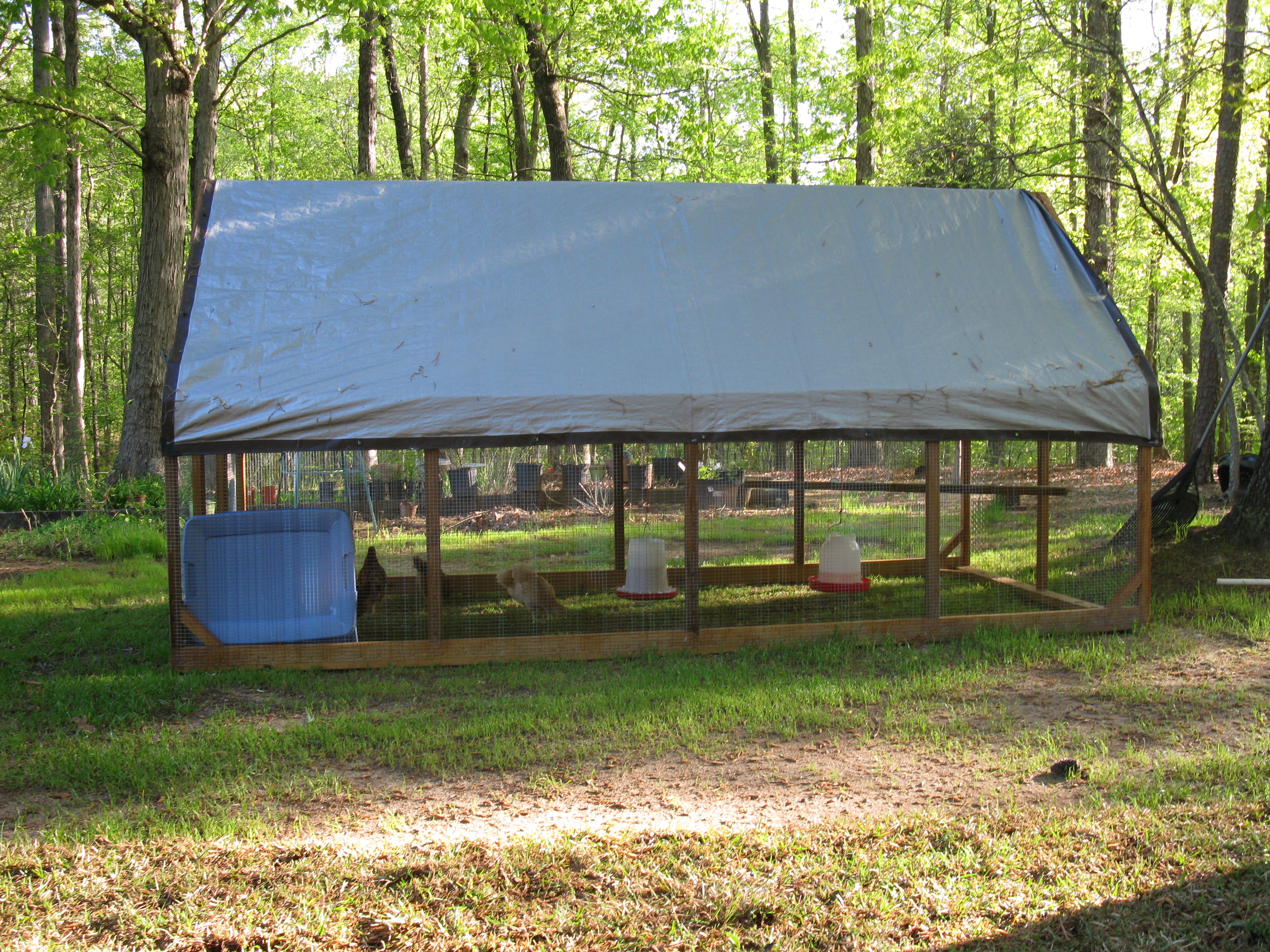 I used a 12' x 8' tarp on the run for shade and rain.  Works very well.