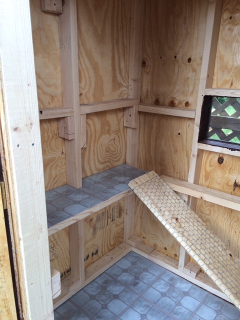 Inside with roosting shelves and stick on tiles.