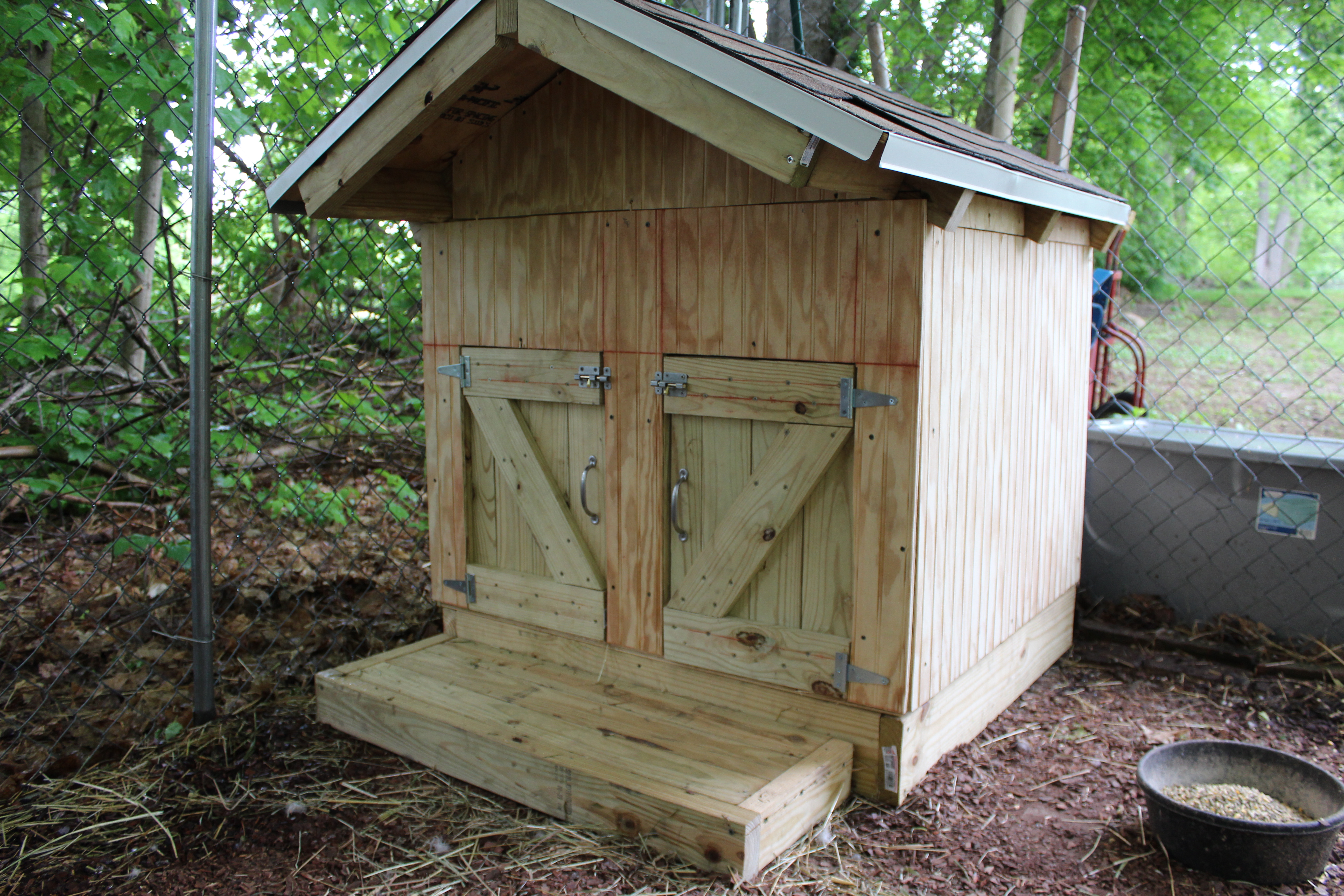 My Muscovy duck house, two separate entrances for drake and duck to avoid over mating in night hours. Built by my boyfriend Alex!