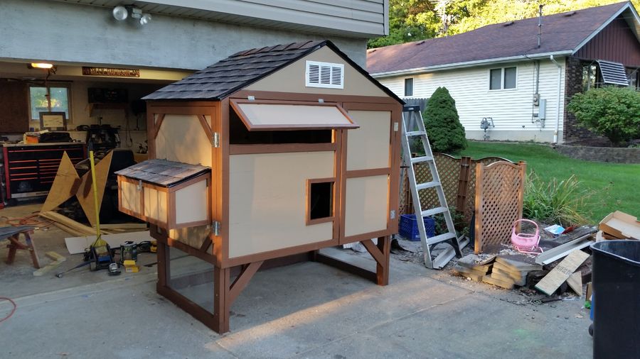 the hen house is 6x4x4'. I added a homemade automatic door with a car antenna. found that idea on these forums