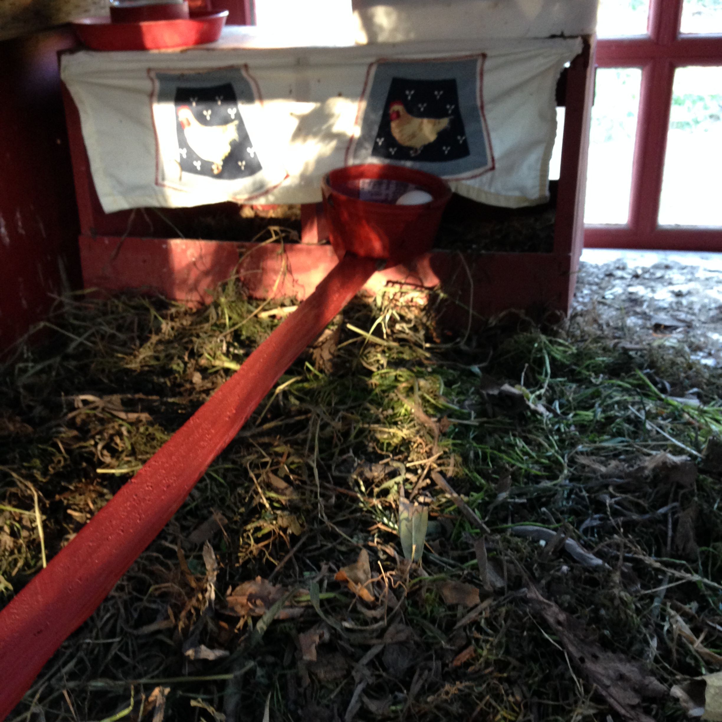 The nesting boxes are accessible from the window, but I found myself on the other side of the coop all the time. I made a McGyver-style contracption to get the eggs from that side of the coop :o)