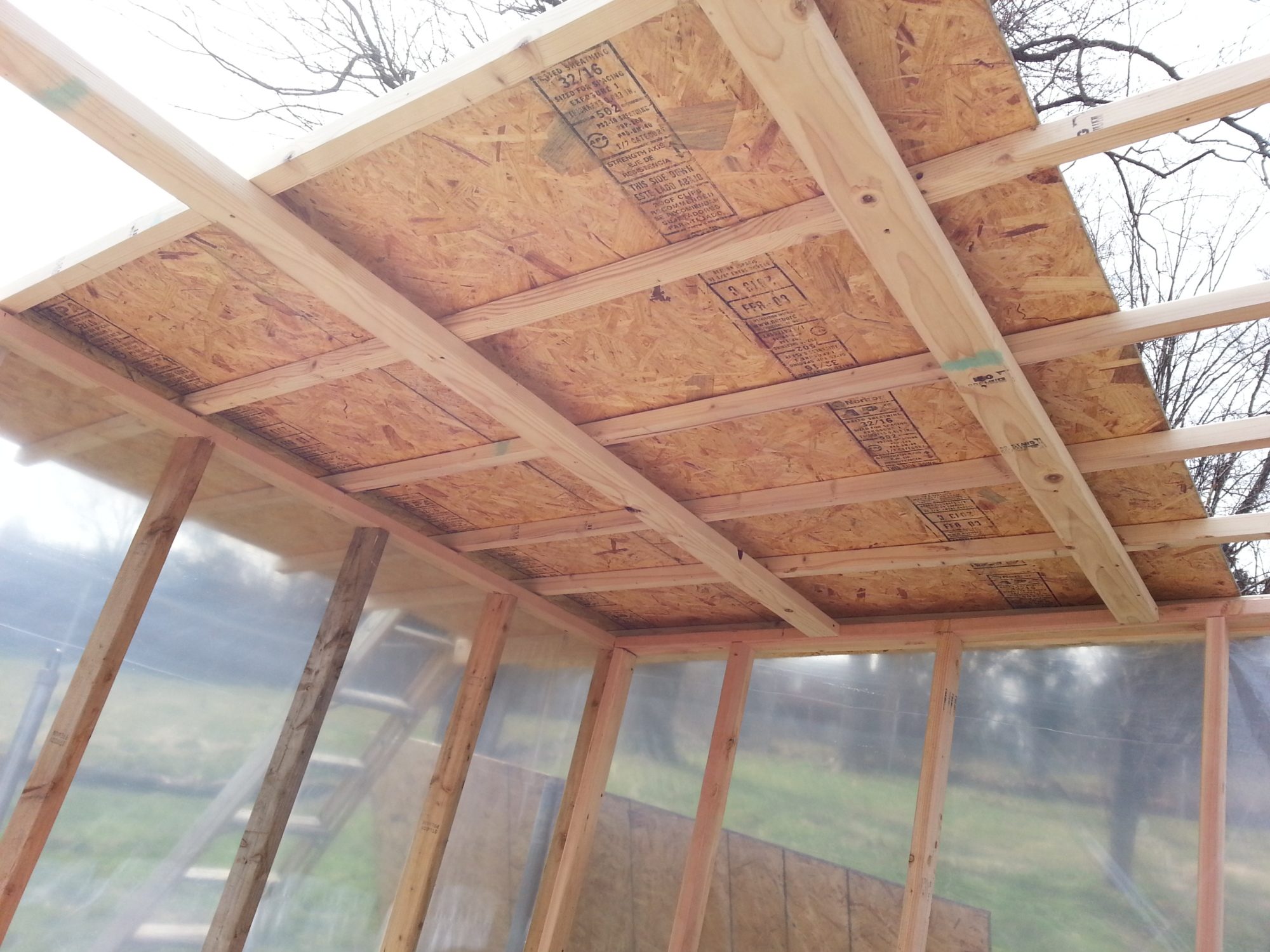 Used 1/2" plywood for the roof also used two 12 foot 2x4's for support on the roof.