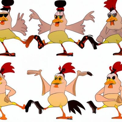 Create four cartoon images of a chicken dancing in the style of Pixar. (2).jpg