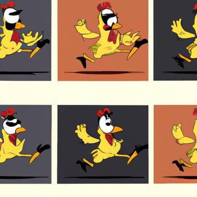 Create four cartoon images of a chicken dancing in the style of Pixar. (4).jpg