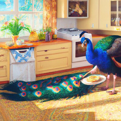 A photo-realistic peacock making pancakes in a sunny kitchen (1).jpg
