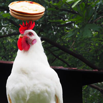 A white cochin bantam rooster cooking pancakes in the morning with a pancake on his head (1).jpg