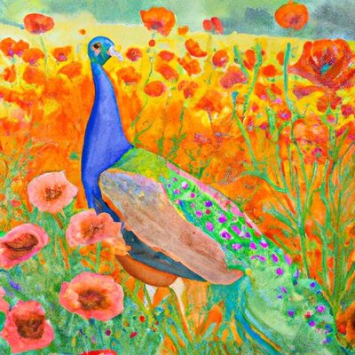 A watercolor painting of a peacock walking through a field of California poppies. (1).jpg