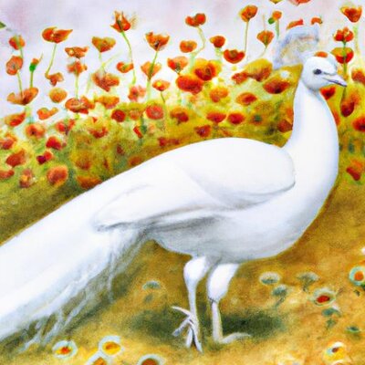 A watercolor painting of a white peacock walking through a field of California poppies. (1).jpg