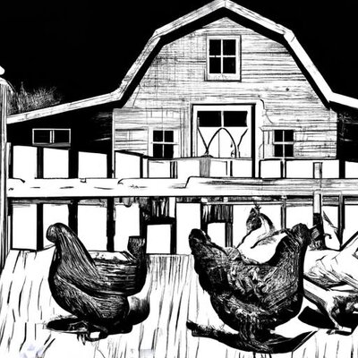 A woodcut style drawing of a flock of chickens in front of an old wooden barn with a fence (1).jpg