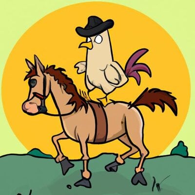 A wild west chicken with a cowboy hat, on a stupid-looking horse, riding off into a beautiful ...jpg