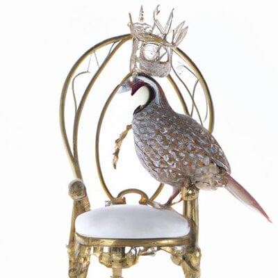 A Pearl Quail with a crown sitting on a throne (1).jpg