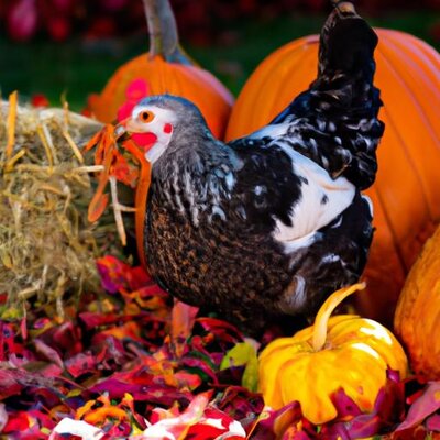 A chicken in a colorful fall scene with pumpkins, hay, and fall colored leaves (3).jpg