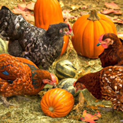 A flock of chickens in a colorful fall scene with pumpkins, hay, and fall colored leaves (2).jpg