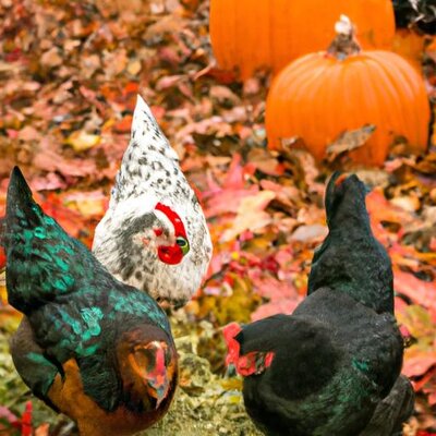 A flock of chickens in a colorful fall scene with pumpkins, hay, and fall colored leaves (3).jpg