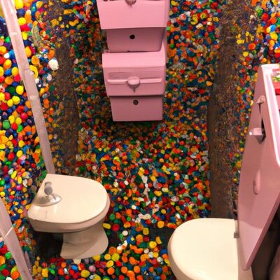 A toilet in the centre of a Candy store that is very full of Candy. There’s candy everywhere. ...jpg