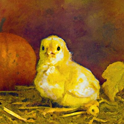 An old-fashioned style painting of a chick in an autumn scene with a pumpkin, some hay, and fa...jpg