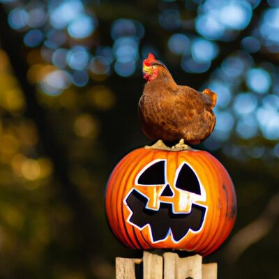 A chicken sitting on top of a jack &#039;o lantern in autumn (2).jpg