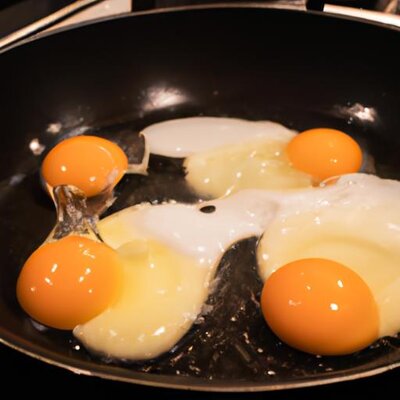 An americauna flipping eggs in a frying pan (1).jpg