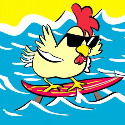A chicken wearing sunglasses on a surfboard riding the waves (1).jpg