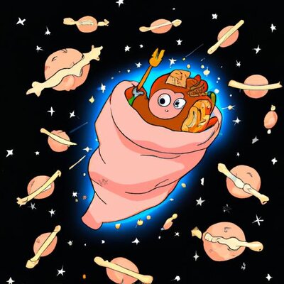 A burrito with chicken feet ruling the world on a planet, holding a blanket covered in million...jpg