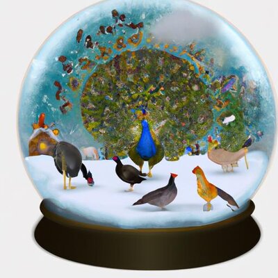 Many chickens and peacocks inside a winter snowglobe (1).jpg