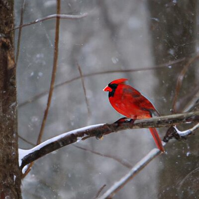 A cardinal in the woods while it&#039;s snowing with the cardinal in focus (1).jpg