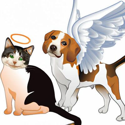 A realistic female tri-color beagle with angel wings and a realistic white kitten with brown p...jpg