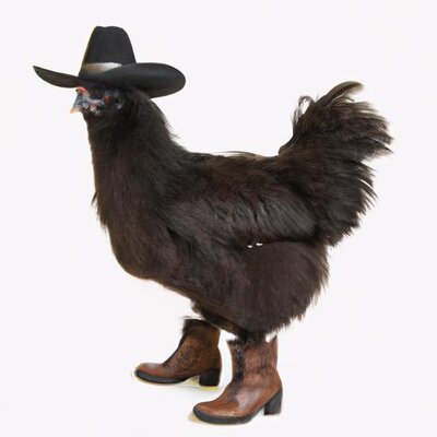A black silkie hen wearing a cowboy hat and boots (1).jpg