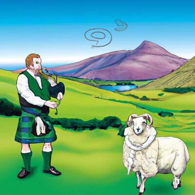 An Irish mountain side scene with sheep grazing and an Irish man in a kilt playing the bagpipe...jpg