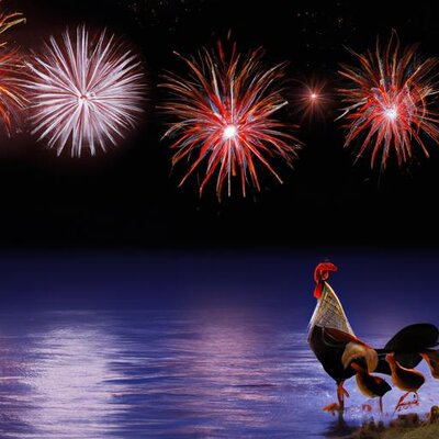 A picture of rooster, hen and chicks watching fireworks over a lake (1).jpg