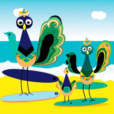 Cartoon style peacock family and a chicken family surfing at the beach (1).jpg