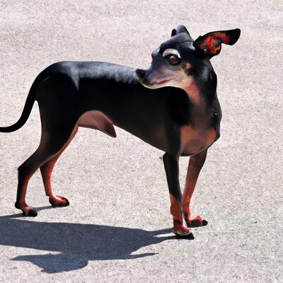 A solid black min pin with chihuahua ears and tail curled across his back standing outside (1).jpg