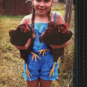 Our Rhode Island Red and Barnvelders in hand made chicken dresses!